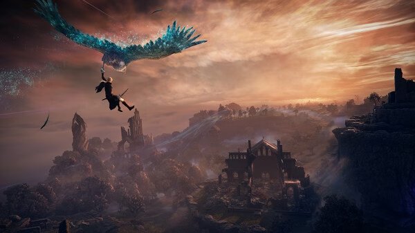 A screenshot from Elden Ring: NightReigns showing a player leaping toward a glowing blue bird in a vast, sunset-lit landscape.