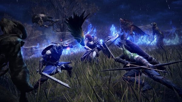 Screenshot from Elden Ring: NightReigns showing intense combat between armored warriors wielding swords and magic in a dark, grassy battlefield.