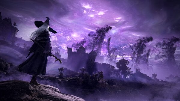 A screenshot from Elden Ring: NightReigns shows a cloaked figure gazing at a dark, purple-lit battlefield.