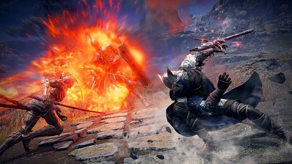 Elden Ring: NightReigns screenshot showing two warriors battling a fiery giant on a stone path in a mountainous landscape.