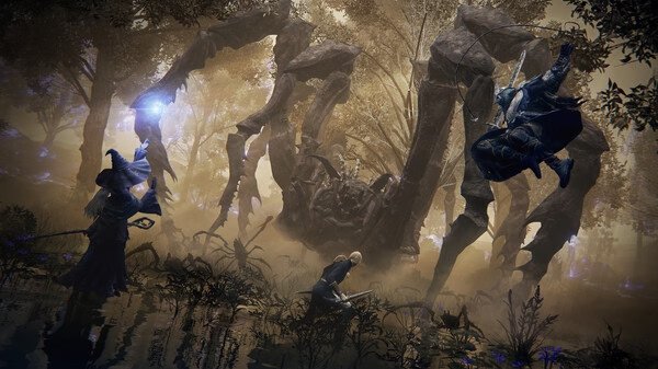 Elden Ring: NightReigns screenshot of three warriors battling a giant spider-like creature in a misty forest setting.
