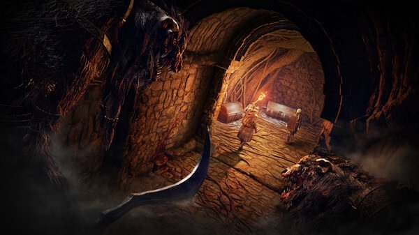 Screenshot from Elden Ring: NightReigns showing two players exploring a dark, stone tunnel while giant beasts lurk nearby.