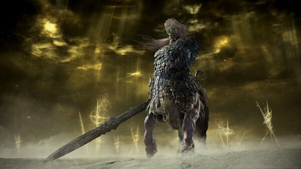 A screenshot from Elden Ring: NightReigns showing a towering armored figure holding a massive sword under a stormy, golden-lit sky.