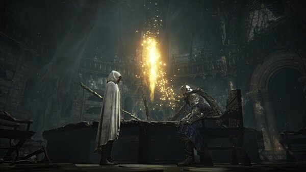 A screenshot from Elden Ring: NightReigns showing two characters in armor and cloaks facing each other in a dimly lit, ancient hall.
