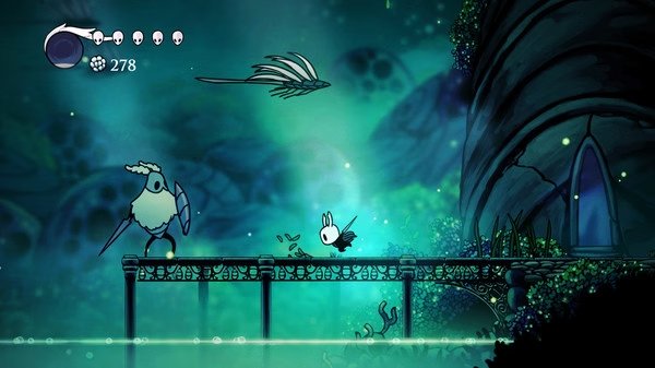 Hollow Knight screenshot: The Knight faces a shielded enemy on a bridge, with a glowing background and intricate environment details.