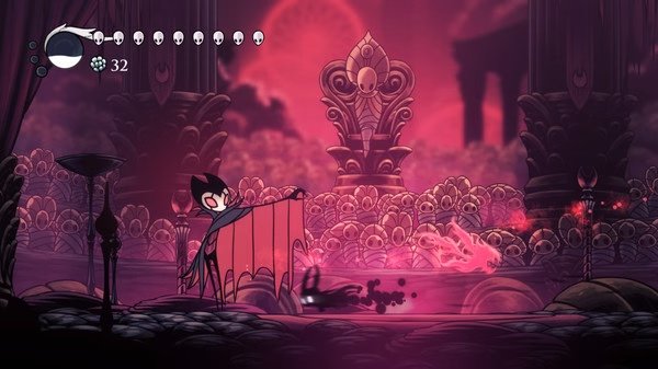 Hollow Knight screenshot: A character battles a shadowy foe in a pink-lit arena with ornate, glowing background structures.