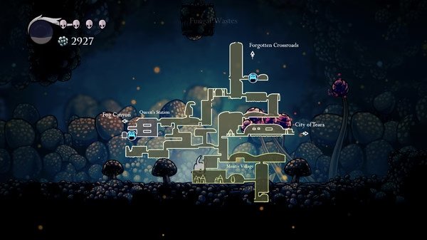 Screenshot from Hollow Knight showing the in-game map with various locations like Forgotten Crossroads and City of Tears highlighted.