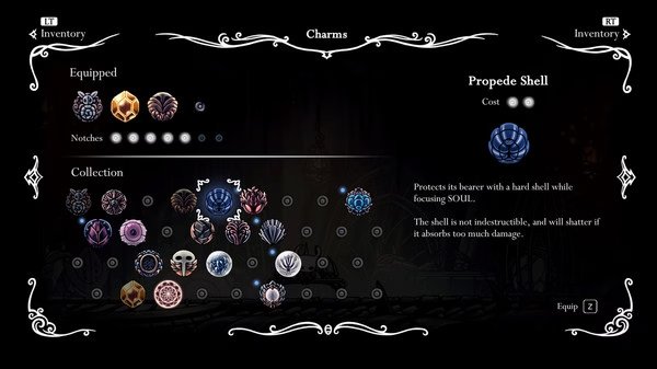 Hollow Knight screenshot: A charm menu displays various equipped and collectible charms, including the Propede Shell with its description.