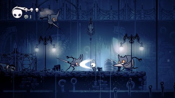 Hollow Knight screenshot: The Knight battles two armed enemies on a dark, moody bridge with glowing lights and intricate details.