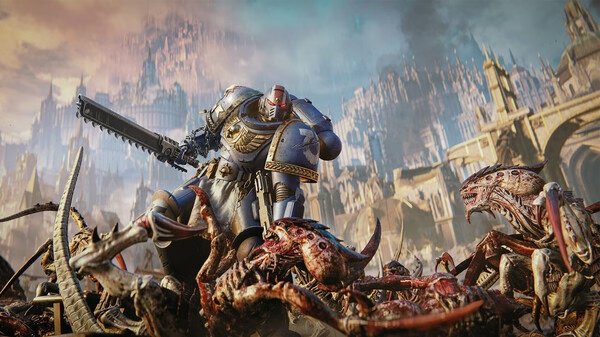 Screenshot from Warhammer 40,000: Space Marine 2 showing a Space Marine battling alien creatures in a war-torn landscape.