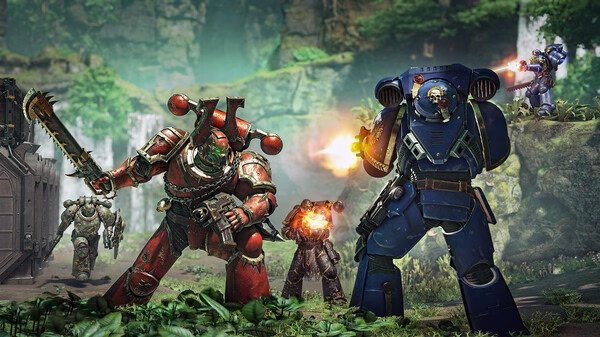 Screenshot from Warhammer 40,000: Space Marine 2 showing armored marines in combat amidst a lush, forested battleground.