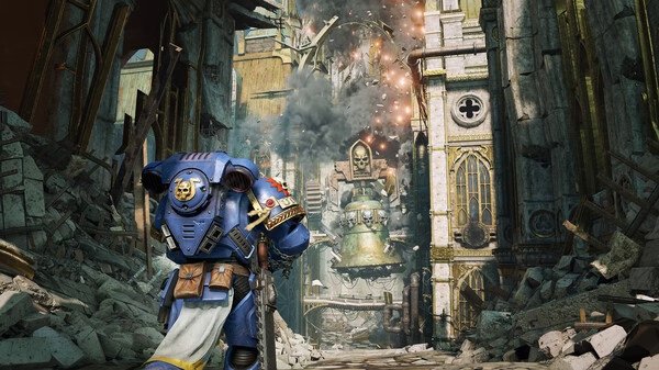 Warhammer 40,000: Space Marine 2 screenshot showing a Space Marine in blue armor amidst a ruined cathedral under attack.