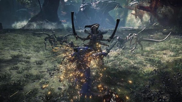 A screenshot from Warhammer 40,000: Space Marine 2 showing a Space Marine battling Tyranid creatures in a dense forest.