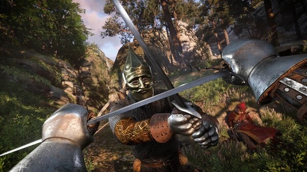 A screenshot from Kingdom Come: Deliverance 2 showing a medieval knight in armor engaging in sword combat in a lush forest setting.