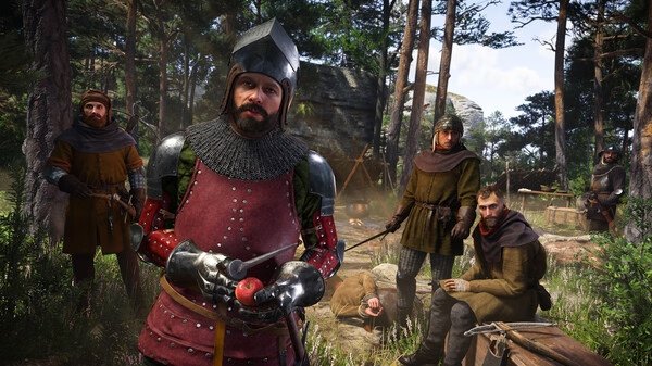 Screenshot from Kingdom Come: Deliverance 2 showing armored knights and soldiers gathered in a forest clearing with a tent.