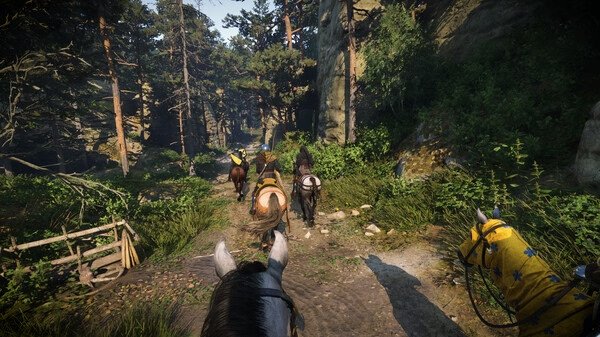 A screenshot from Kingdom Come: Deliverance 2 showing a group of mounted characters riding through a lush forest trail.