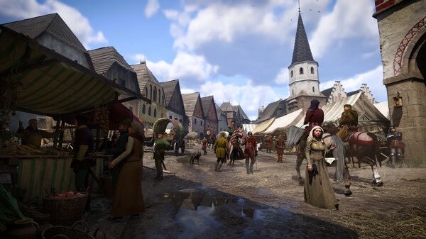 A bustling medieval market scene in Kingdom Come: Deliverance 2 screenshot, with vendors, shoppers, and a church tower in the background.