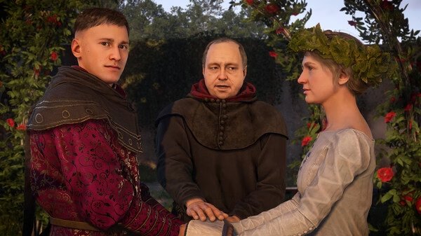 A wedding scene in Kingdom Come: Deliverance 2 screenshot shows three characters holding hands in a garden setting.