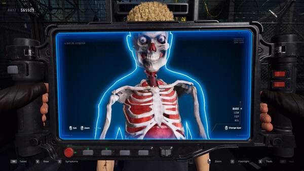 Screenshot from Quarantine Zone: The Last Check, showing a high-tech scanner displaying a detailed human skeleton on a screen.