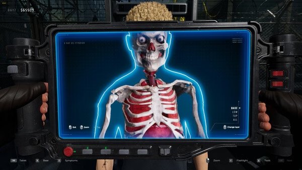 Screenshot from Quarantine Zone: The Last Check, showing a high-tech scanner displaying a detailed human skeleton on a screen.