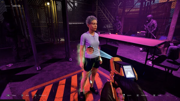 Game screenshot from 'Quarantine Zone: The Last Check' showing a character being scanned in a dimly lit area with guards nearby.