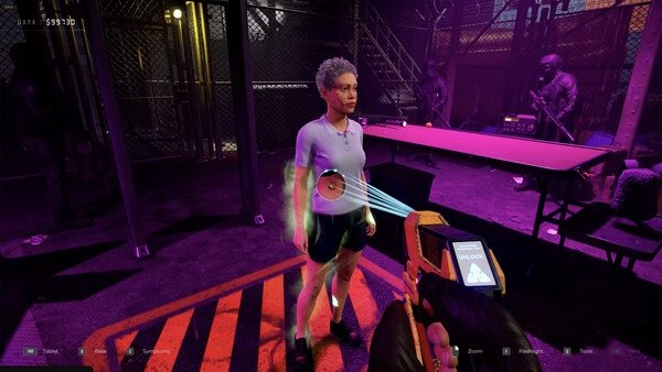 Game screenshot from 'Quarantine Zone: The Last Check' showing a character being scanned in a dimly lit area with guards nearby.
