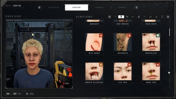 Screenshot from "Quarantine Zone: The Last Check" showing a player character examining symptoms like bite marks and necrosis.