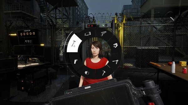 Screenshot from Quarantine Zone: The Last Check showing a player in a red shirt accessing the weapon selection menu.