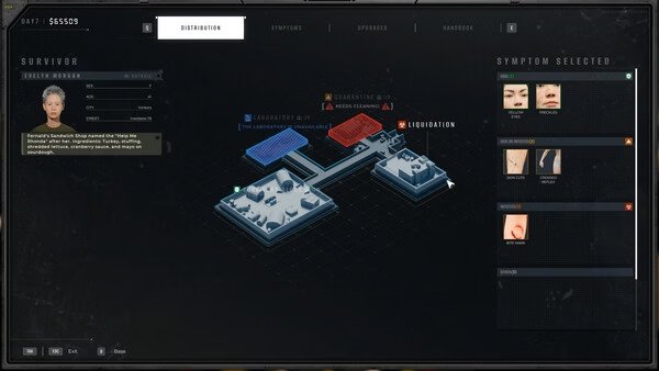 Quarantine Zone: The Last Check screenshot showing a survivor's profile, symptom selection, and a map highlighting liquidation zones.