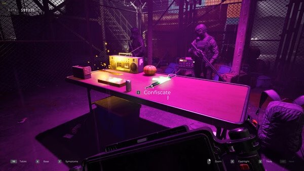 Screenshot from "Quarantine Zone: The Last Check" showing a table with supplies, a pumpkin, and two armed characters in a dimly lit area.