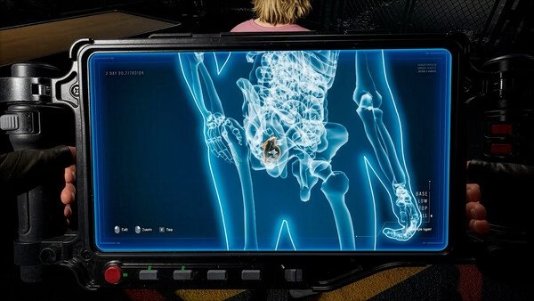 Screenshot from Quarantine Zone: The Last Check shows a handheld scanner displaying a skeletal image of a person.