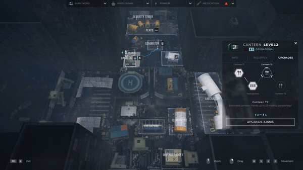 Screenshot from "Quarantine Zone: The Last Check" showing a strategic top-down view of a base with upgrade options for a canteen.