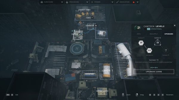 Screenshot from "Quarantine Zone: The Last Check" showing a strategic top-down view of a base with upgrade options for a canteen.