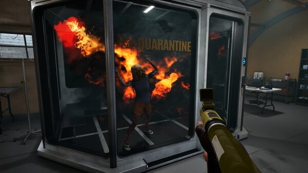 Screenshot from Quarantine Zone: The Last Check showing a player aiming a weapon at a fiery figure inside a quarantine chamber.
