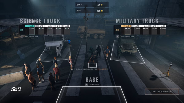 Screenshot from "Quarantine Zone: The Last Check" showing survivors being assigned to science and military trucks at an evacuation base.