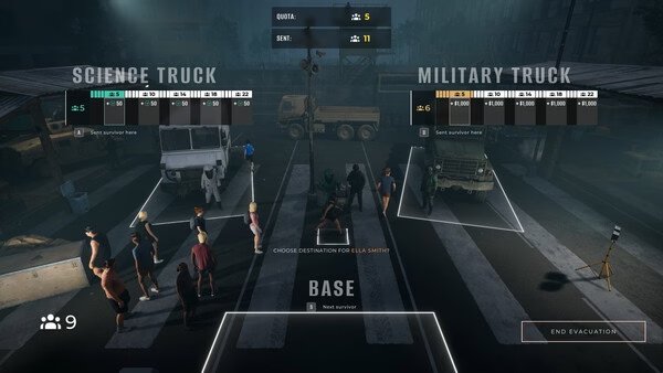 Screenshot from "Quarantine Zone: The Last Check" showing survivors being assigned to science and military trucks at an evacuation base.