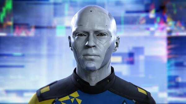 A Detroit: Become Human screenshot showing an android in a futuristic uniform with digital screens in the background.