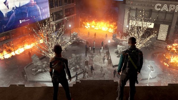 Screenshot from Detroit: Become Human showing two characters overlooking a fiery protest scene in a snowy city plaza.