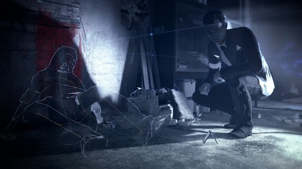 Screenshot from Detroit: Become Human showing an investigator crouching near a holographic outline of a body in a dimly lit room.