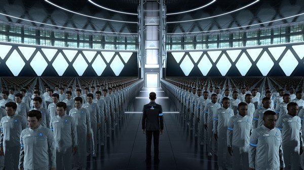 Detroit: Become Human screenshot showing an android standing before rows of identical androids in a futuristic hall.