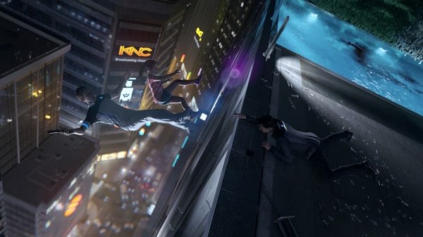 Screenshot from Detroit: Become Human showing a tense rooftop scene with characters dangling above a city at night.