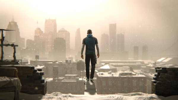 Screenshot from Detroit: Become Human showing a character standing on a rooftop edge, overlooking a snowy cityscape.