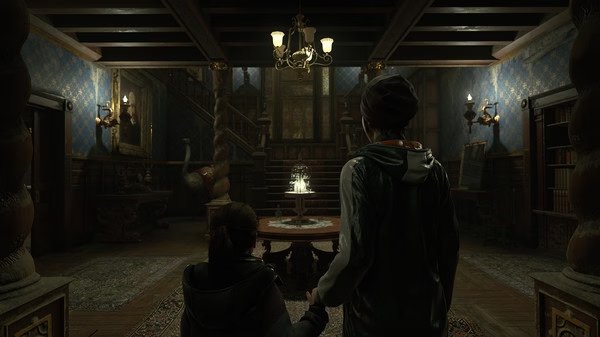Detroit: Become Human screenshot showing two characters holding hands in a dimly lit, ornate room with wooden decor and chandeliers.