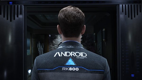 A screenshot from Detroit: Become Human showing an android labeled "RK800" standing in an elevator, viewed from behind.