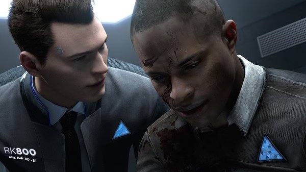 Screenshot from Detroit: Become Human showing two characters with blue triangle symbols on their uniforms in a tense moment.