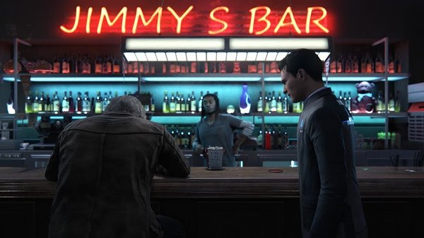 Detroit: Become Human screenshot of a bar scene with a person sitting at the counter and a bartender standing behind.