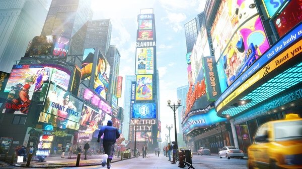 Street Fighter 6-Steam-NA screenshot: A character walks through a vibrant, bustling cityscape with colorful billboards and skyscrapers.