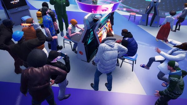 Street Fighter 6-Steam-NA screenshot: Players gathered around arcade machines in a lively, colorful game room setting.