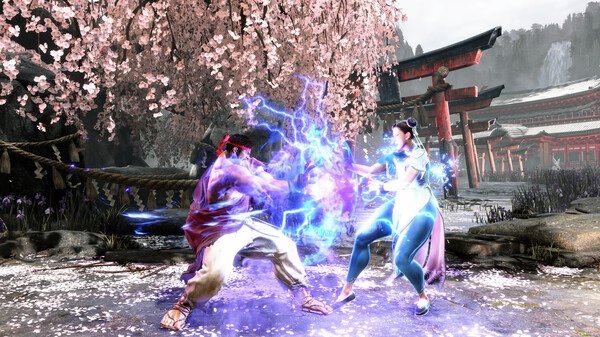 Street Fighter 6-Steam-NA screenshot: Two characters engaged in combat amidst cherry blossoms and traditional Japanese architecture.