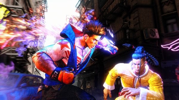 Screenshot from Street Fighter 6-Steam-NA showing a dynamic fight scene between two characters in a vibrant urban setting.
